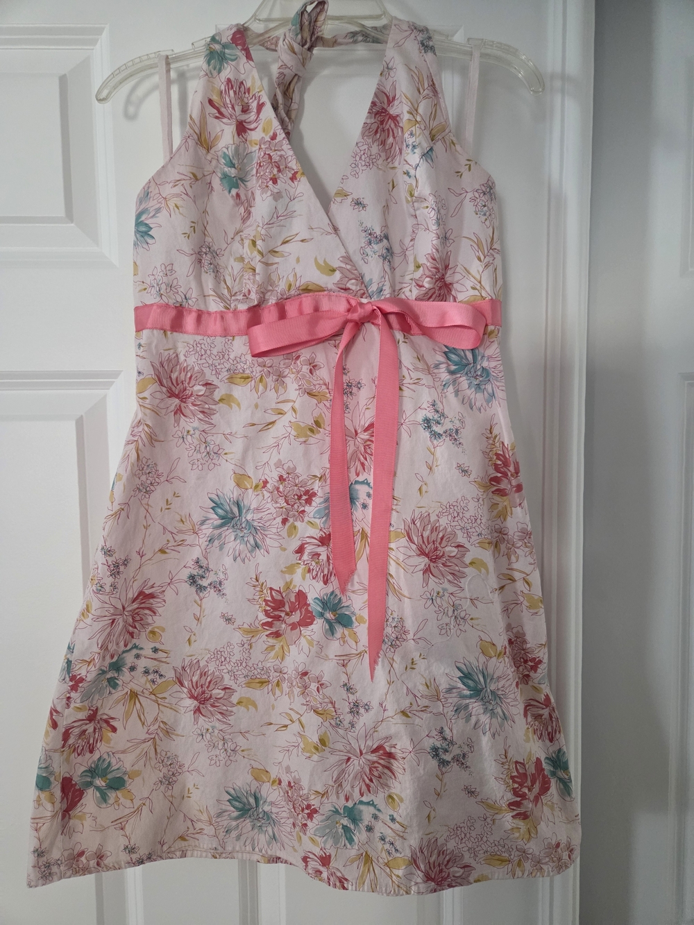 Charlotte Russe Pink Floral Halter Dress with Satin Waist Tie